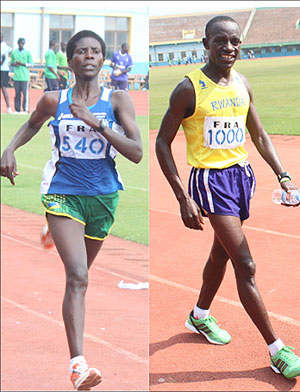 Twenty-kilometre de Kigali-Robert Kajuga (R) lifted the Men's category while Claudette Mukasakindi (L) won the women category yesterday at Amahoro Stadium. Photo / Plasir Muzogeye.