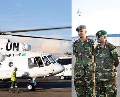 South Sudan-bound RDF choppers ready for takeoff at Kigali International Airport yesterday. Looking on are the Chief of Staff (Air Force), Brig. Gen. Joseph Demali (L), and Chief of Staff (Land Forces), Maj. Gen. Frank Mushyo Kamanzi. The New Times/Courtesy. 