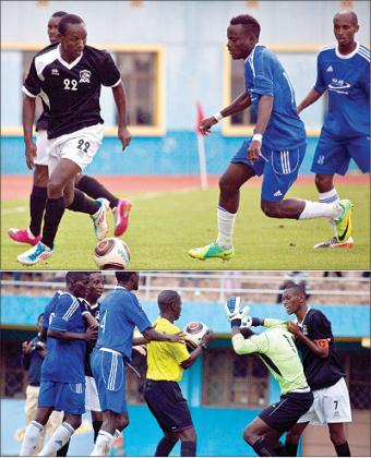 Jean Claude Iranza (top left) scored one and set up the other as APR came from 2-0 down to draw 2-all against Rayon Sport, while Jean Baptiste Mugiraneza (right, above) took the law in his own hands when he grabbed Rayon Sport keeper Marcel Nzarora by the shirt, for time-wasting in the second period. The New Times; T. Kisambira.