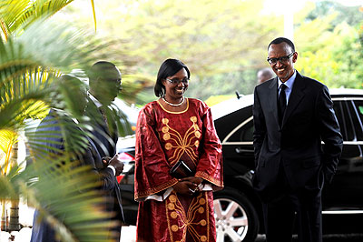The Speaker of Parliament Rose Mukantabana receives President Paul Kagame at Parliament yesterday.  The New Times / Village Urugwiro.