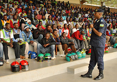 ACP Emmanuel Butera addresses Kigali Motorcyclists; Police intends to strengthen the police-public partnership in a bid to fight crime. The New Times / File.