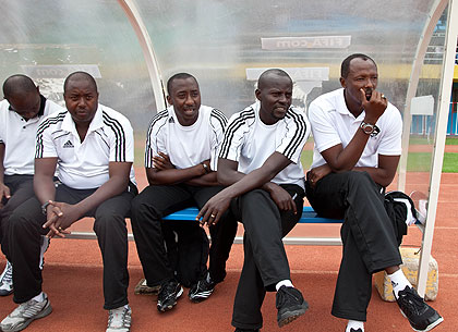 Eric Nshimiyimana (right) and his technical staff know APR will have to be at their best if they are to avoid early elimination. The New Times/T. Kisambira.