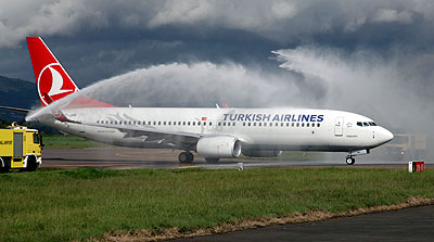 A Turkish airlines aircraft makes its maiden landing at Kigali international airport. The New Times, Timothy Kisambira