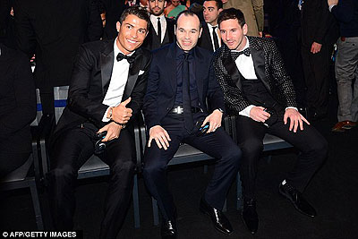 The Ballon d'Or finalists Cristiano Ronaldo, Andres Iniesta and winner Lionel Messi. Net photo