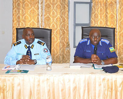 IGPs Gasana (R) and  Ndayambaje during yesterdayu2019s meeting in Huye. The New Times /JP Bucyensenge