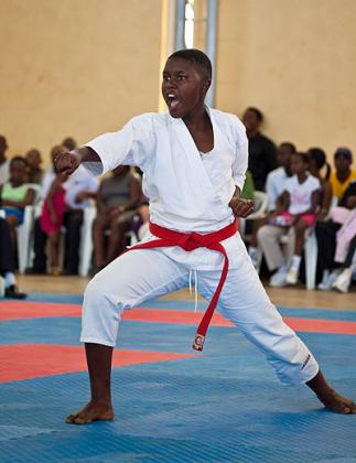 Uwase Lasia of Rubavu-based Zain Karate Club showing off her Kumite skills during the competition on Sunday. The New Times / Courtesy.