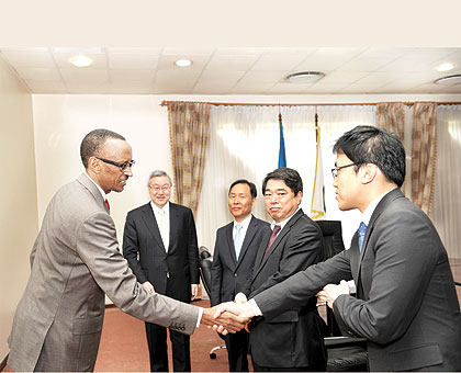 President Kagame  receives the South Korean delegation led by Kim Sung-Hwan (2L) yesterday.  The New Times  / Village Urugwiro.