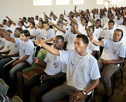 A cross-section of the youth cheer up during the launch of voluntary national service in Kicukiro yesterday. The three-month activity kicked off with more than 40,000 youth volunteering countrywide. The New Times/John Mbanda.  