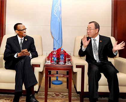 President Kagame meets Ki-moon on the sidelines of the summit. The New Times/  Village Urugwiro
