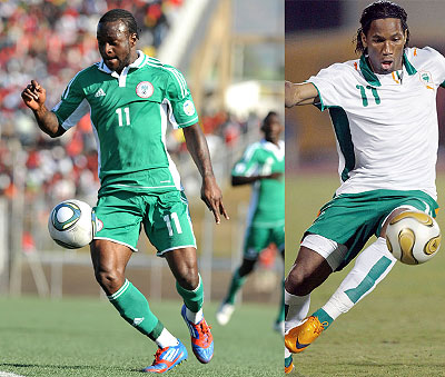 Drogba (R) was on target for Ivory Coast in the 2-2 draw with Algeria, while Victor Moses (L) scored twice as Nigeria beat Ethiopia 2-0 to advance to the last eight. Net photo.