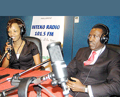 Senate president Jean Damascene Ntawukuliryayo (R) in Radio Inteko studio. The New Times/ Net.