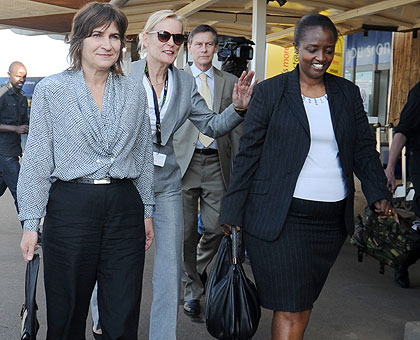The Dutch Minister for Foreign Trade and Development, Lilianne Ploumen (L), Dutch Ambassador to Rwanda Leoni Margarita Cuelenaere  (C) and the Permanent Secretary in the Ministry of Foreign Affairs, Mary Baine, at Kigali International Airport, yesterday. Ploumen arrived in the country for a two-day visit in which she will discuss cooperation between Rwanda and the Kingdom of Netherlands.  FULL STORY ON PAGE  4.  The New Times/ J. Mbanda