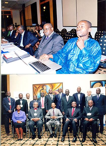 Top: Palu lawyers  at a previous conference, while above, delegates pose with President Paul Kagame in Kigali. The New Times/ File.