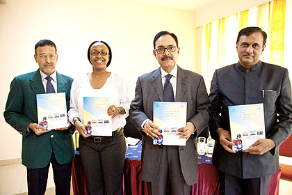 L-R: Fernandes, RDBu2019s Kayitesi, S. N. Rao, the Indian High Commissioner to Rwanda and Dr Sekhar at the launch of the book on Rwandau2019s security last week. The New Times/ Timothy Kisambira.