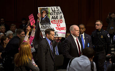 Protesters briefly disrupted the confirmation hearing for John O. Brennan, President Obamau2019s nominee to be C.I.A. director, on Capitol Hill on Thursday. Net photo.