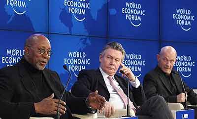 Pascal Lamy (right) , the World Trade Organisation (WTO) Director-General, EU Trade Commission Karel De Gucht (centre) and US Trade Representative Ron Kirk attend a session at the World Economic Forum in Davos, last month.