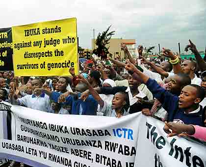 Demonstrators at the ICTR Offices in Remera yesterday. The New Times/ J. Mbanda.