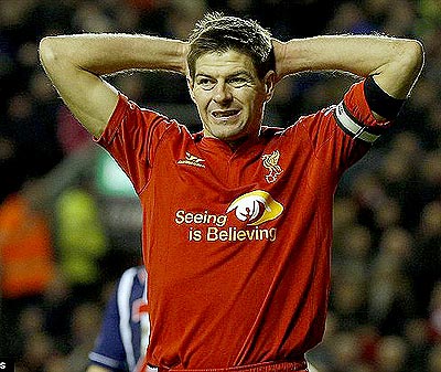 Gerrard rues his saved penalty on a frustrating night for Liverpool. Net photo.