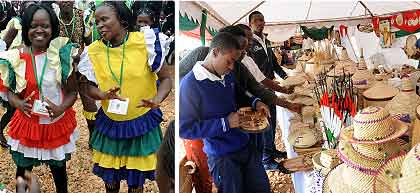 Performers from Kenya entertain festival goers while (R) people look at different woven products from Burundi. The New Times/ J. Mbanda.