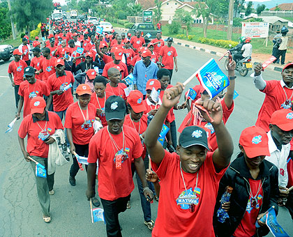 Youth march to mark International Condom Day on Wednesday. The New Times/ John Mbanda. 