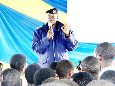 Eastern Region Police commander Elia Mwesige addresses students.  The New Times/ S. Rwembeho