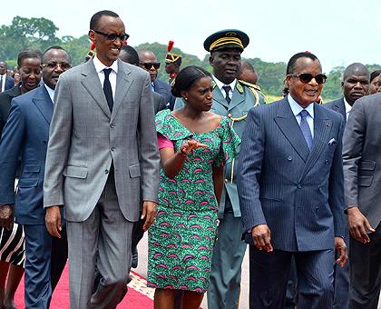 President Kagame being received at Ollombo Airport by his Congolese counterpart, Denis Sassou N'guesso. The President is on a two day visit to N'guessou2019s hometown of Oyo.  Sunday Times / Village Urugwiro.
