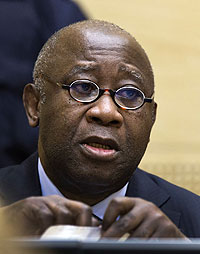 Former Ivory Coast President Laurent Gbagbo attends a confirmation of charges hearing at the International Criminal Court (ICC) in The Hague, Netherlands, Tuesday Feb. 19, 2013. ICC pr....