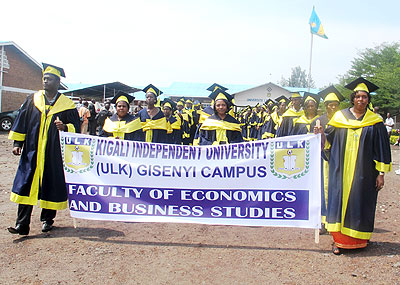 ULK graduates walk in a procession on Thursday.  The New Times/ Sam N. Nkurunziza.