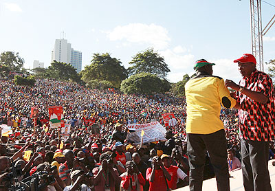 Uhuru Kenyatta and William Ruto during a past Jubilee Alliance election campaign. The two are accused by the ICC of being among key perpetrators of the 2008 post election violence in Kenya.