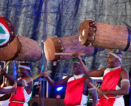 A troupe from Burundi entertains the crowd on the first day of the festival on Sunday. The New Times/Timothy Kisambira. 