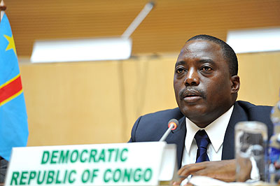 President Joseph Kabila during the signing of the the Peace, Security and Cooperation Framework for the DRC and the Region- Addis Ababa, 24 February 2013. The New Times /  Courtesy. 