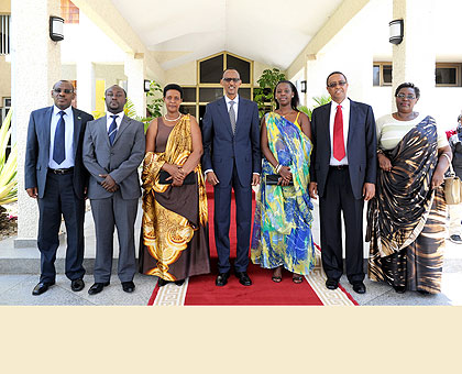 New ministers (From left to Right) Amb. Gatete, Imena, Gasinzigwa, Dr. Asiimwe, Prof. Lwakabamba and Mukantabana with President Kagame after swearing in yesterday. The New Times/Villag....