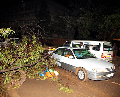 Motorists negotiate their way past a street half-blocked by trees that were felled by last weekendu2019s hailstorm.   The New Times/  John Mbanda.