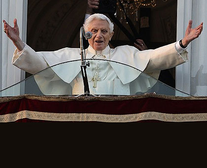 Pope Benedict XVI greets the crowd from the window of the Popeu2019s summer residence of Castel Gandolfo, where he will spend his first post-Vatican days. Net photo. 
