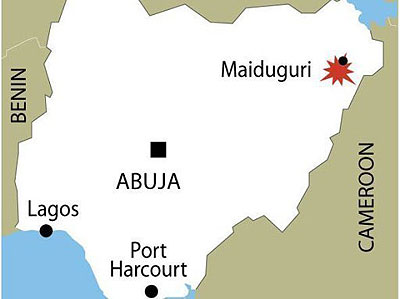 Map of Nigeria locating the violence-hit city of Maiduguri in the countryu2019s northeast. A suicide blast at the police headquarters in Nigeriau2019s restive city of Maiduguri killed at l....