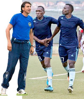 Police coach Goran Kopunovic (left) will be hoping that his two key players Meddie  Kagere and Peter Kagabo find their top form against LLB. Saturday Sport/ T. Kisambira.