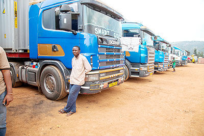 Trucks parked at Magarwa. Drivers are wary of how Kenya polls could turn out.  The New Times/ J. Mbanda