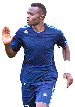 Peter Kagabo celebrates one of his goals scored in a previous Primus league match at Mumena stadium. The New Times /  T. Kisambira.