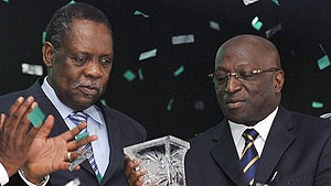 Issa Hayatou and Jacques Anouma in their good times in the past before falling apart. Net photo.