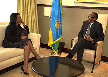 President Kagame and former US Secretary of State, Condoleezza Rice in Miami, United States, yesterday. Photo: Village Urugwiro