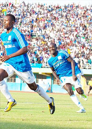 BLUESu2019 HERO: Two-goal hero Papy Kamanzi (right) wheels off in celebration after his scoring his second and Rayon Sportu2019s fourth goal. Cedric Hamissi (right) was also on target.  Sunday Sport / T. Kisambira