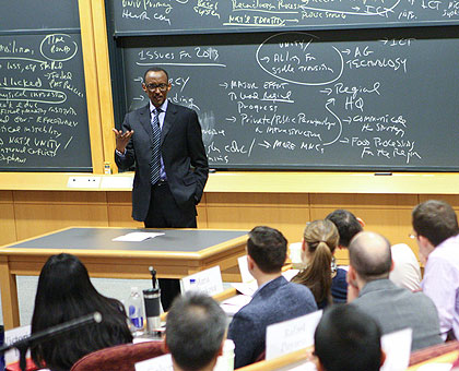 President Kagame addresses Michael Porter's class on Rwanda's economic transformation at the Harvard Business School. The New Times/Village Urugwiro.