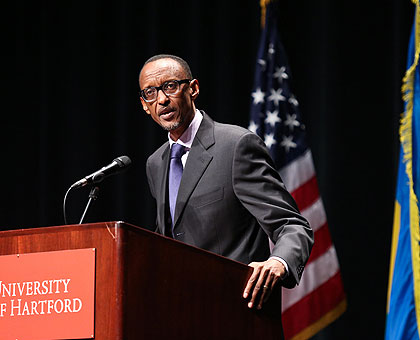 President Kagame speaks at the University of Hartford, marking the launch of the Genocide and Holocaust Education Initiative. Village Urugwiro/The New Times.