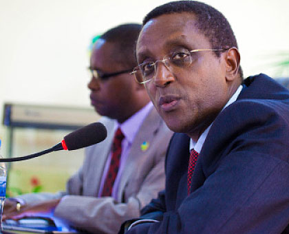 Dr Biruta (R) together with State Minister for Primary and Secondary Education, Dr Mathias Harebamungu during yesterdayu2019s news briefing.   The New Times /Timothy Kisambira. 