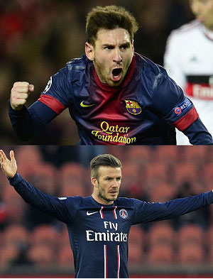 Lionel Messi and Barcelona will be confident of getting a result against a PSG side missing Zlatan Ibrahimovic but with David Beckham (below) in the first leg. Net photo.