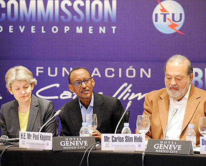 President Kagame (C) co-chairs the 7th meeting of the Broadband Commission for Digital Development in Mexico City, Mexico, yesterday. He is flanked by the Director-General of Unesco....