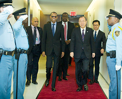 President Kagame and Ban Ki-Moon  arrive for thier meeting at the UN Headquarters in New York on Wednesday. Behind them is Rwandau2019s State Minister for Cooperation and Permanen....