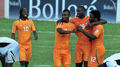 Wilfried Bony (R), Yaya Toure (C) and Salomon Kalou (L) struck as Ivory Coast defeated Gambia 3-0. Net photo.