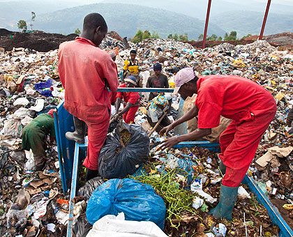 Waste collectors go about their business without protective gear. Most are at risk of  contacting life threatening diseases.  The New Times/Timothy Kisambira. 