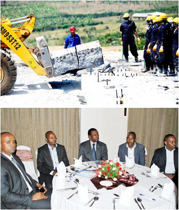 Amb. Mugambage (C) at the launch of EAGI in Kampala at the weekend. Top is granite mining in Nyagatare district. The New Times/ Gashegu Muramira.